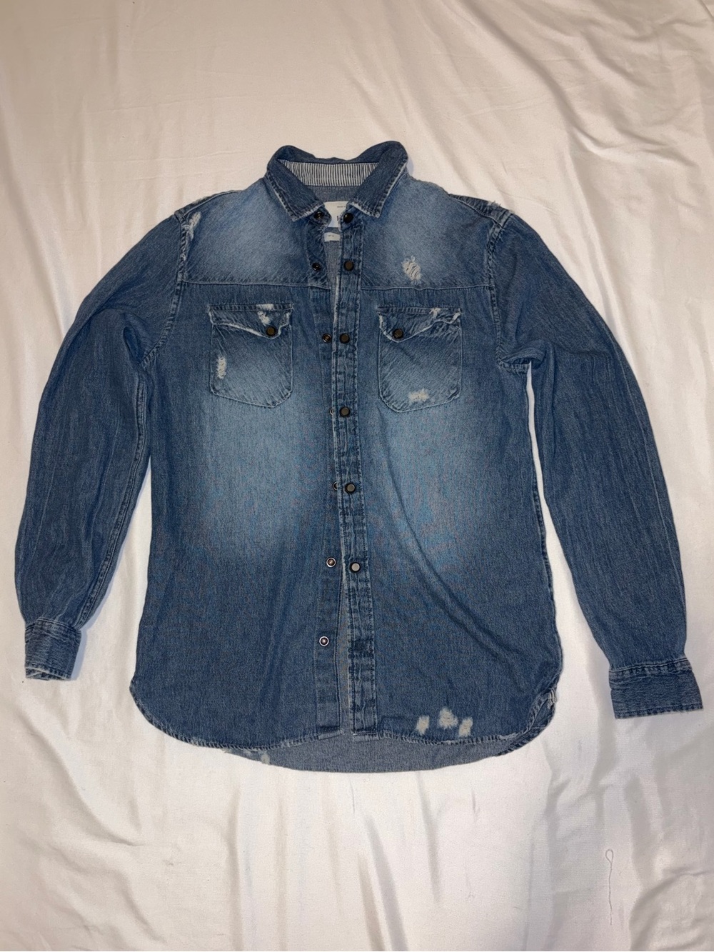 Zara ‘Original Denim 1975’ Distressed Denim Long Sleeve Pearl-snaps Shirt Med